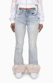 Faux Fur Trim Denim Pants - Domino Blue
