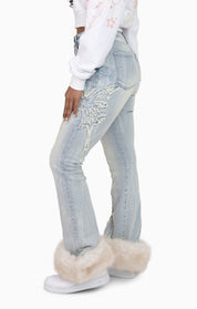 Faux Fur Trim Denim Pants - Domino Blue