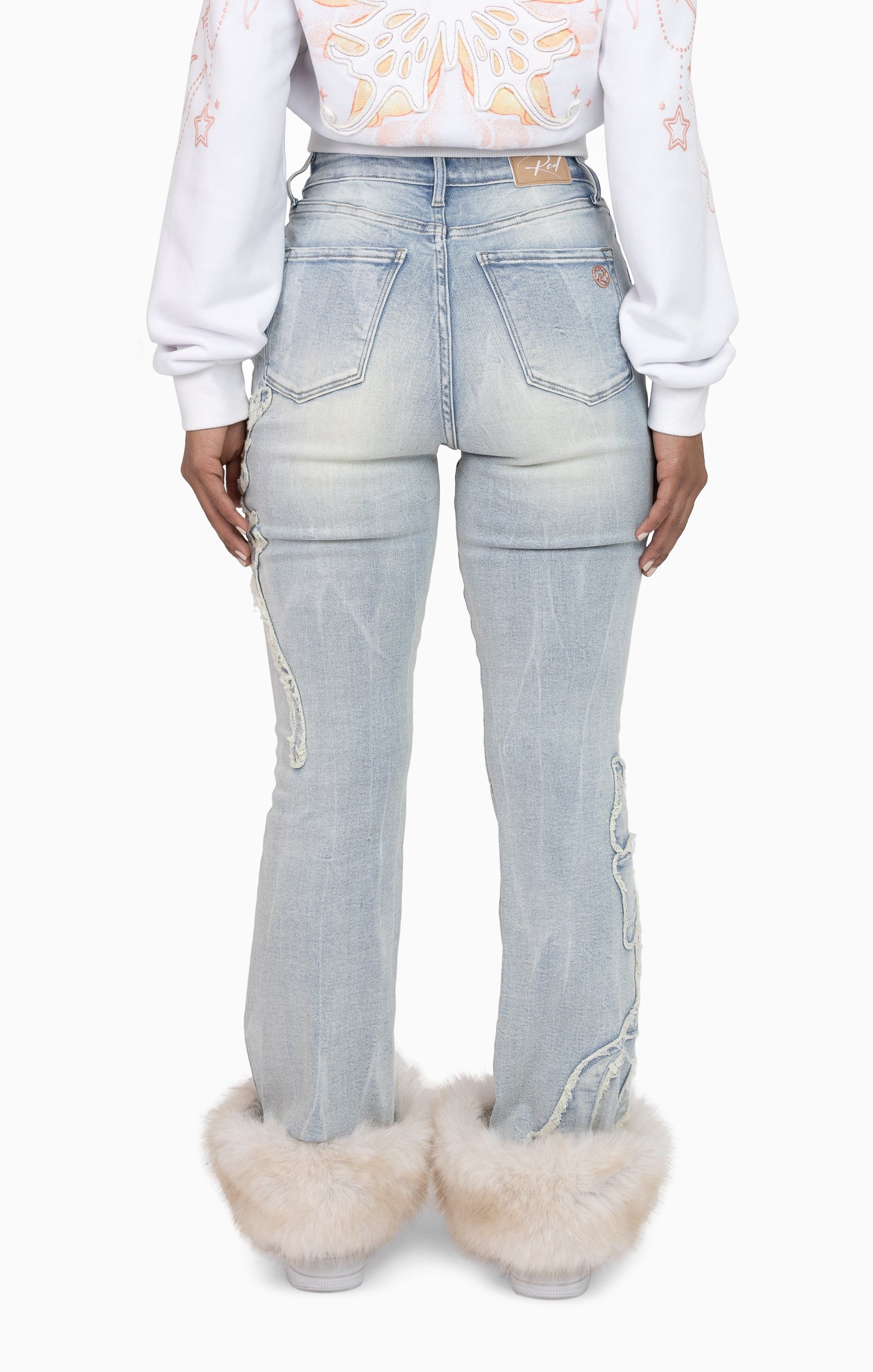 Faux Fur Trim Denim Pants - Domino Blue