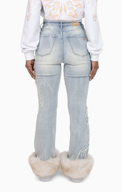 Faux Fur Trim Denim Pants - Domino Blue