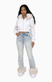Faux Fur Trim Denim Pants - Domino Blue