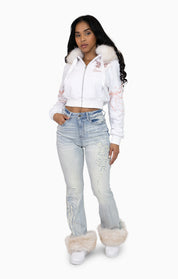 Faux Fur Trim Denim Pants - Domino Blue
