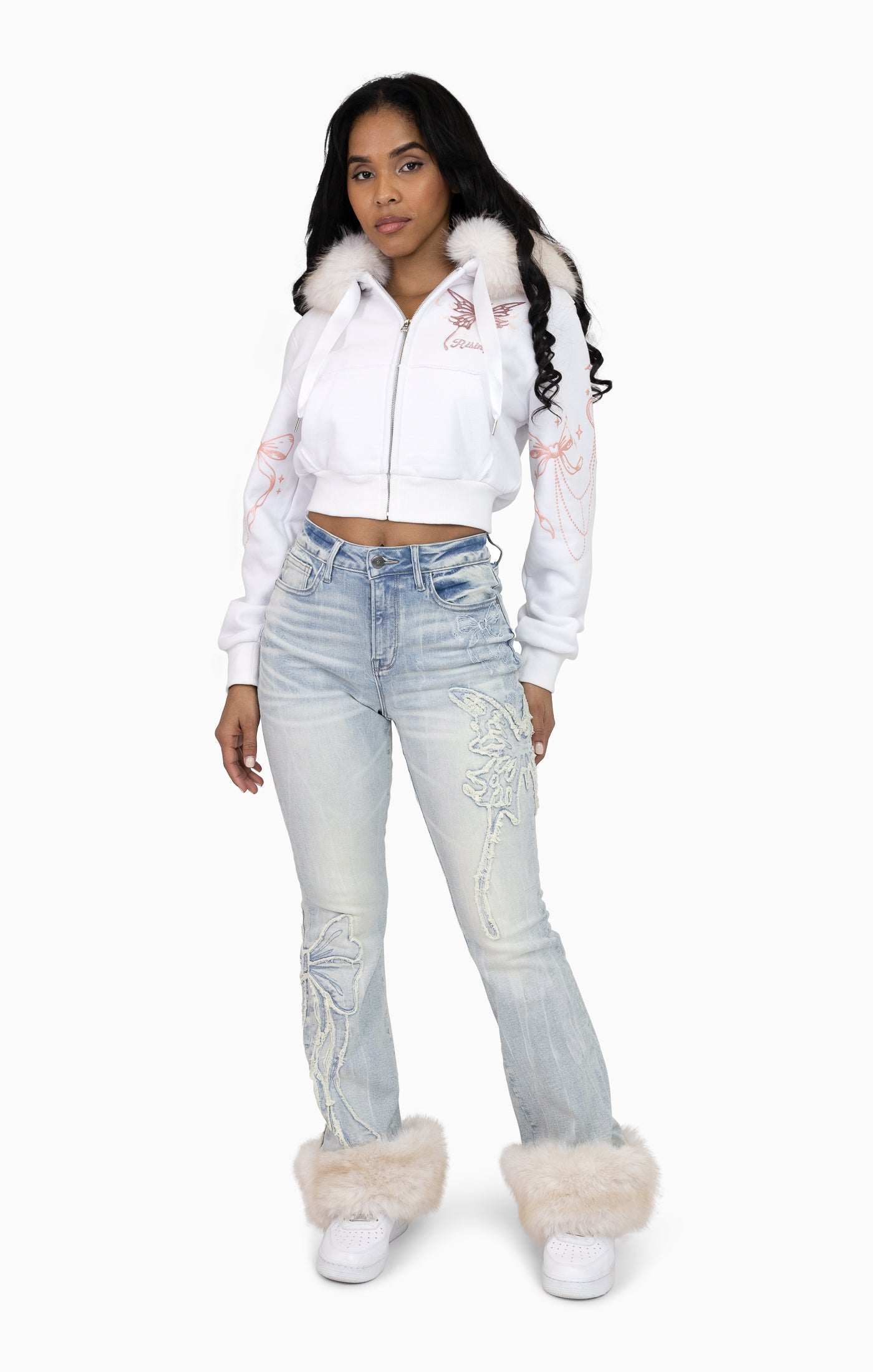 Faux Fur Trim Denim Pants - Domino Blue