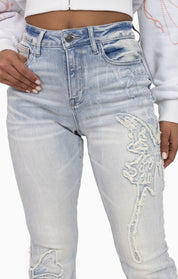 Faux Fur Trim Denim Pants - Domino Blue