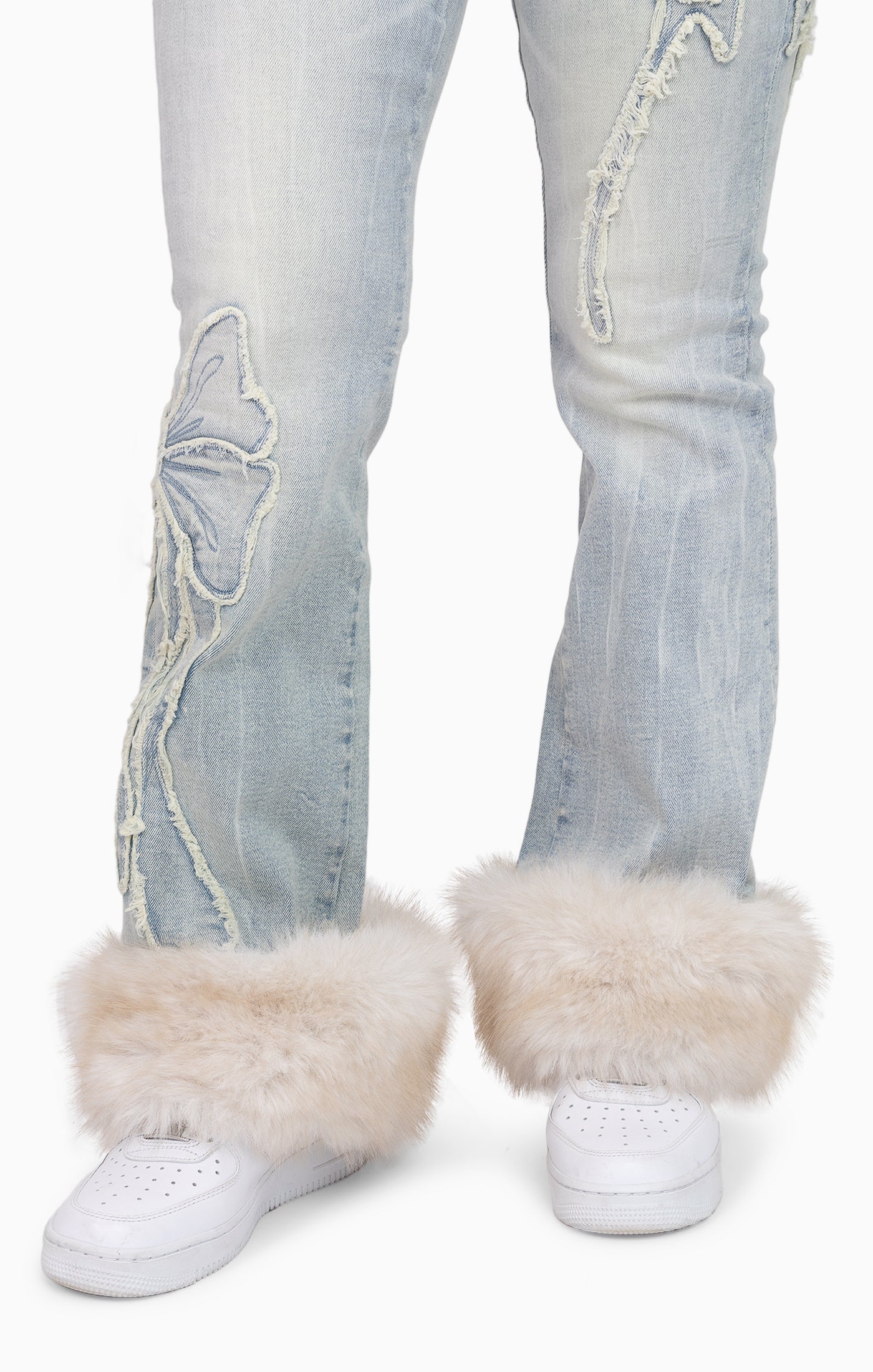 Faux Fur Trim Denim Pants - Domino Blue