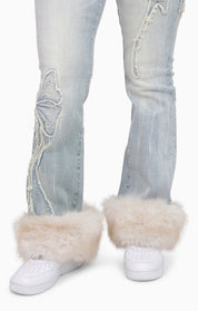 Faux Fur Trim Denim Pants - Domino Blue