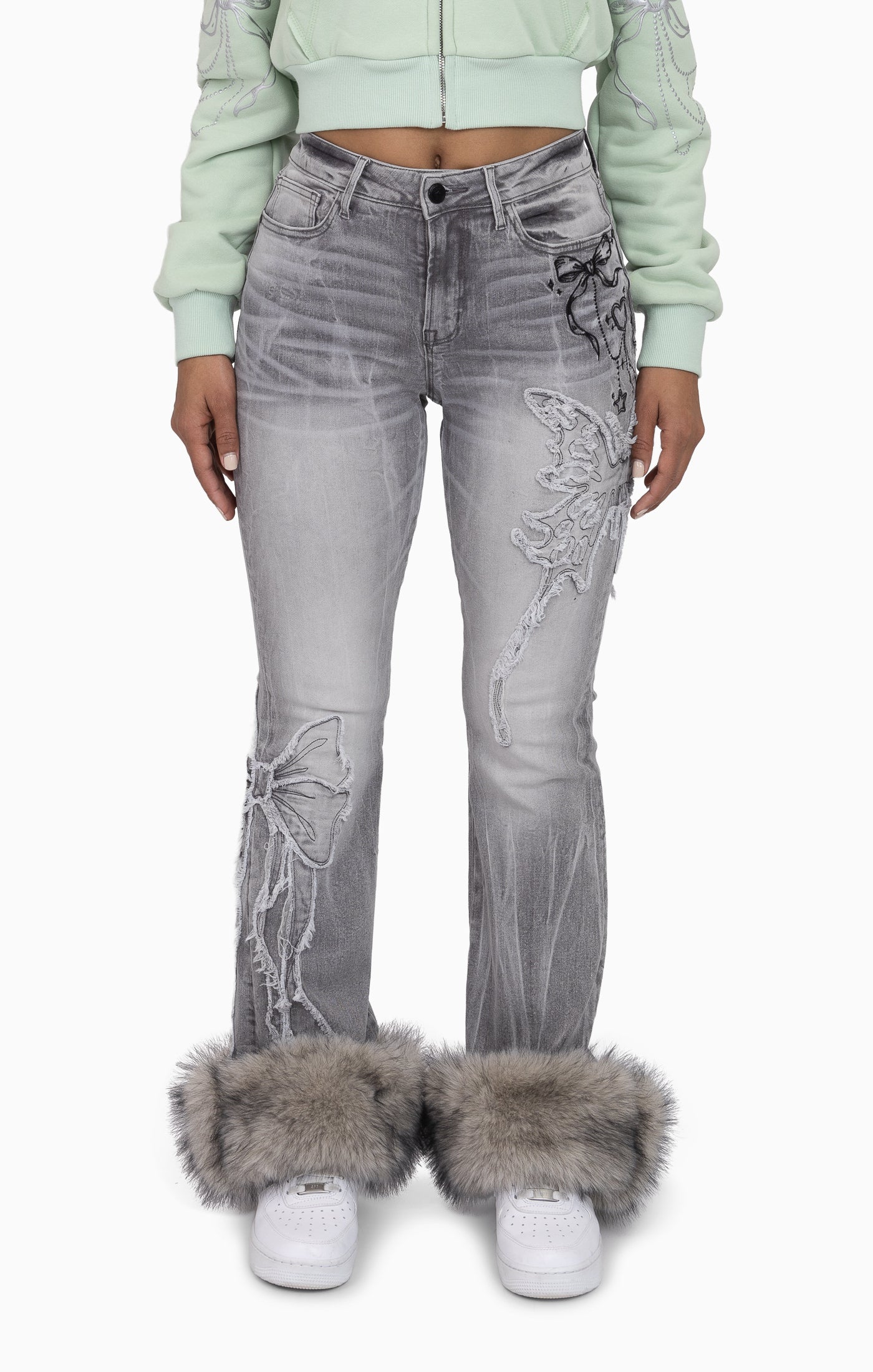 Faux Fur Trim Denim Pants - Moonbeam Grey