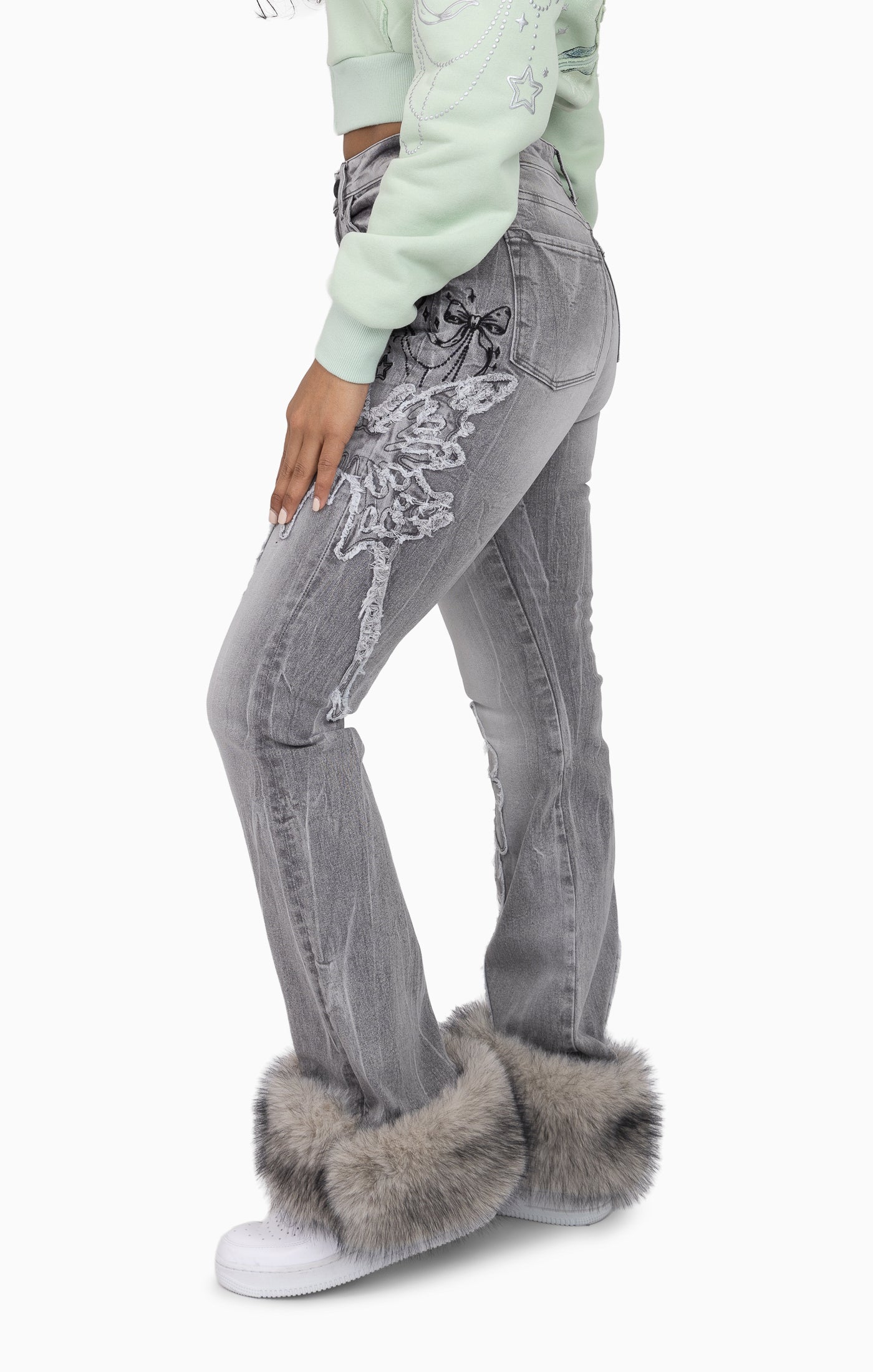Faux Fur Trim Denim Pants - Moonbeam Grey