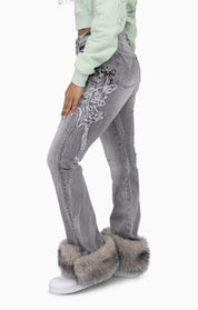 Faux Fur Trim Denim Pants - Moonbeam Grey