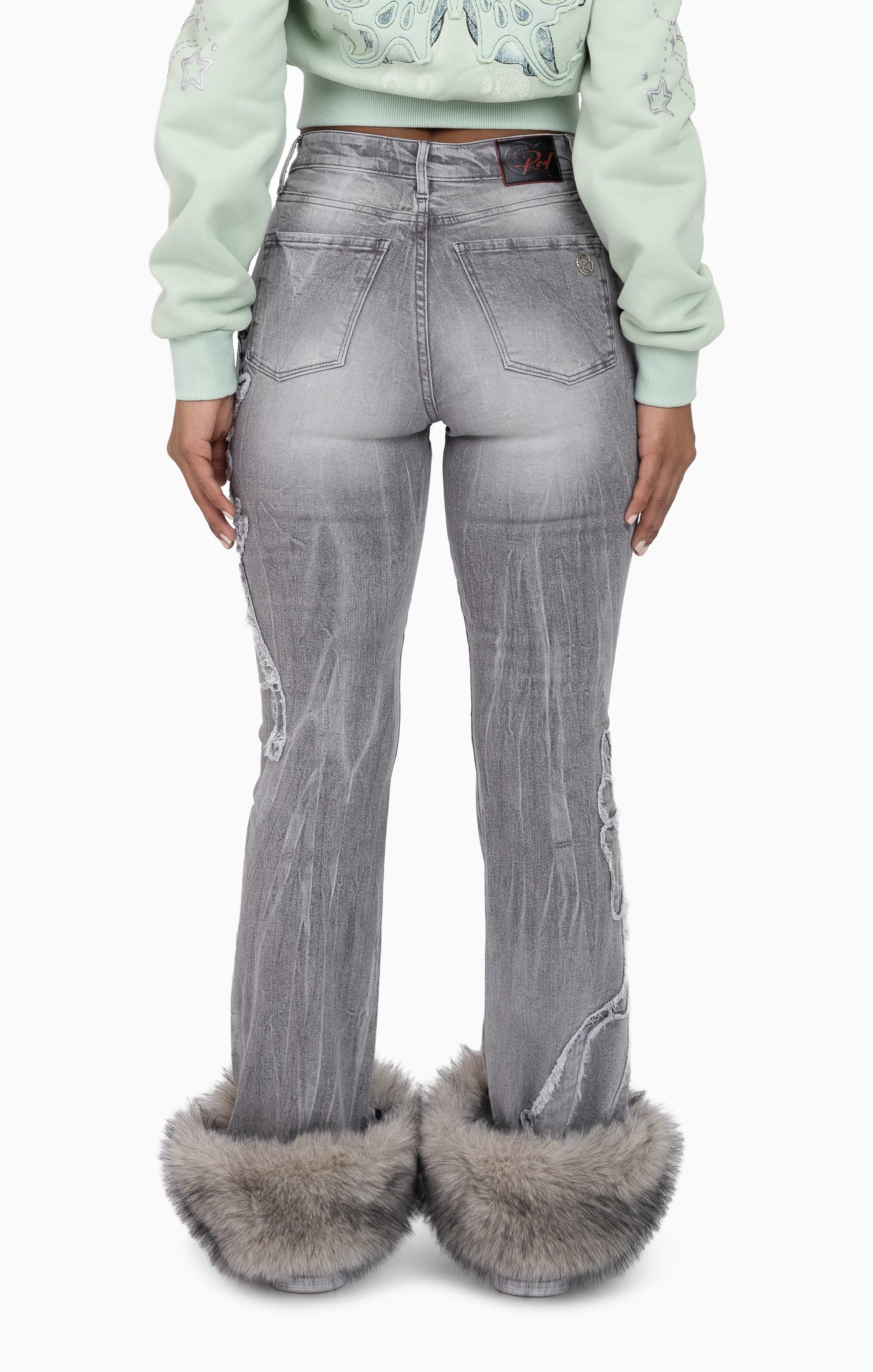 Faux Fur Trim Denim Pants - Moonbeam Grey