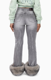 Faux Fur Trim Denim Pants - Moonbeam Grey