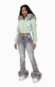 Faux Fur Trim Denim Pants - Moonbeam Grey