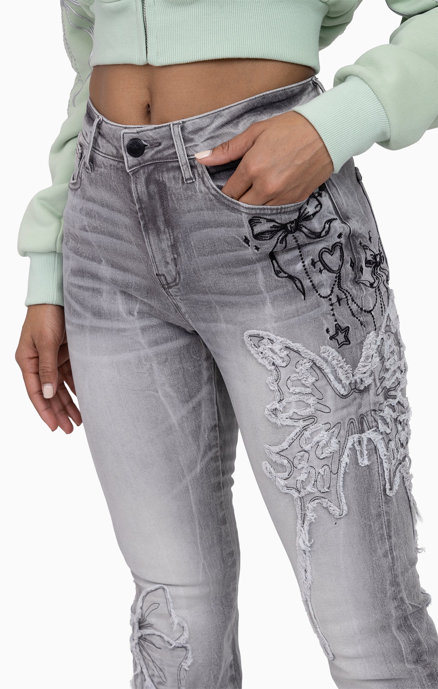 Faux Fur Trim Denim Pants - Moonbeam Grey