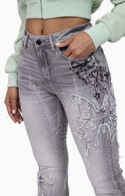 Faux Fur Trim Denim Pants - Moonbeam Grey