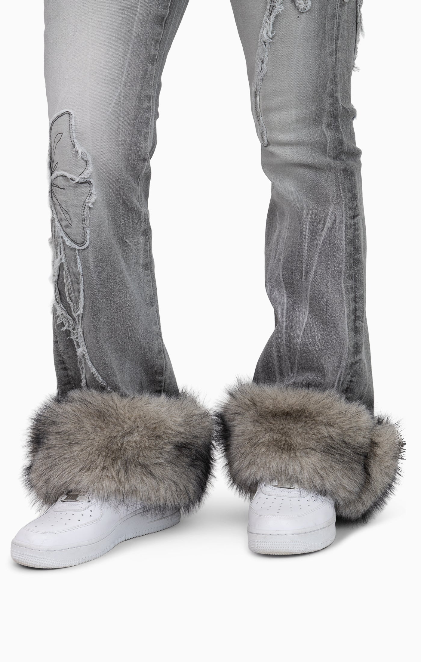 Faux Fur Trim Denim Pants - Moonbeam Grey