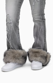 Faux Fur Trim Denim Pants - Moonbeam Grey
