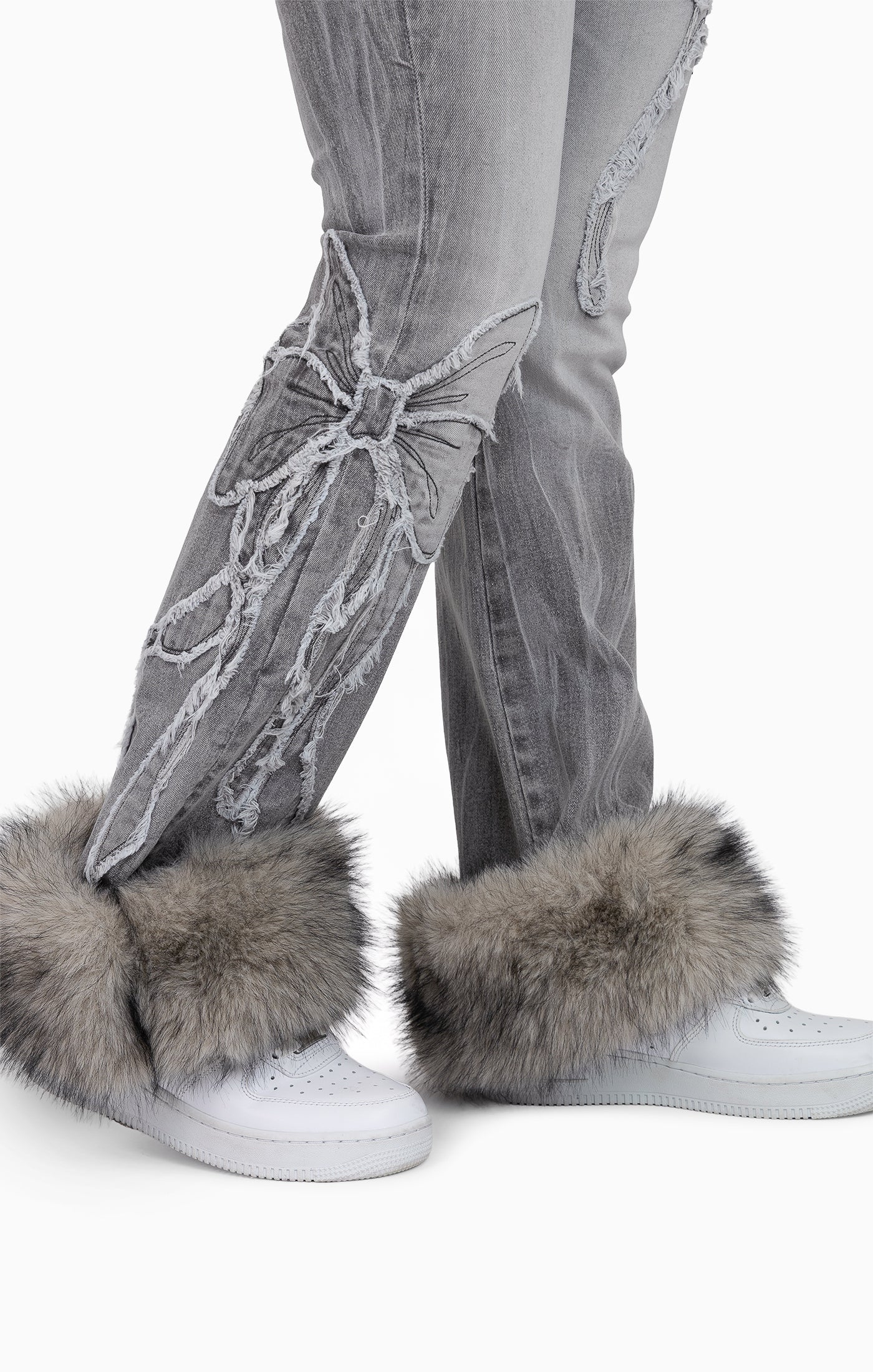 Faux Fur Trim Denim Pants - Moonbeam Grey