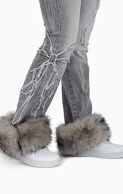 Faux Fur Trim Denim Pants - Moonbeam Grey