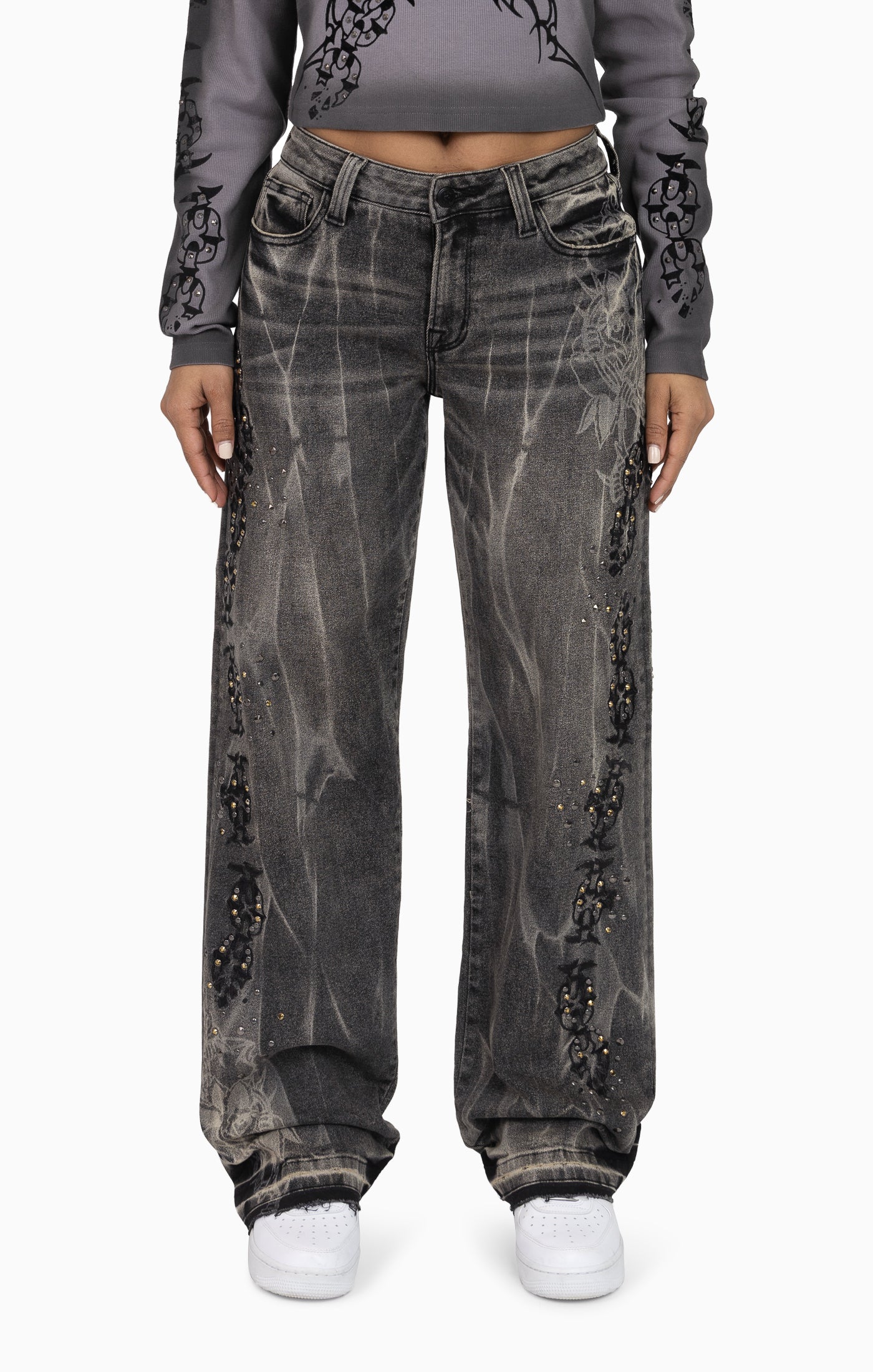 Heavy Embellished Denim Pants - Black Dust