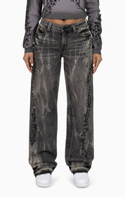 Heavy Embellished Denim Pants - Black Dust