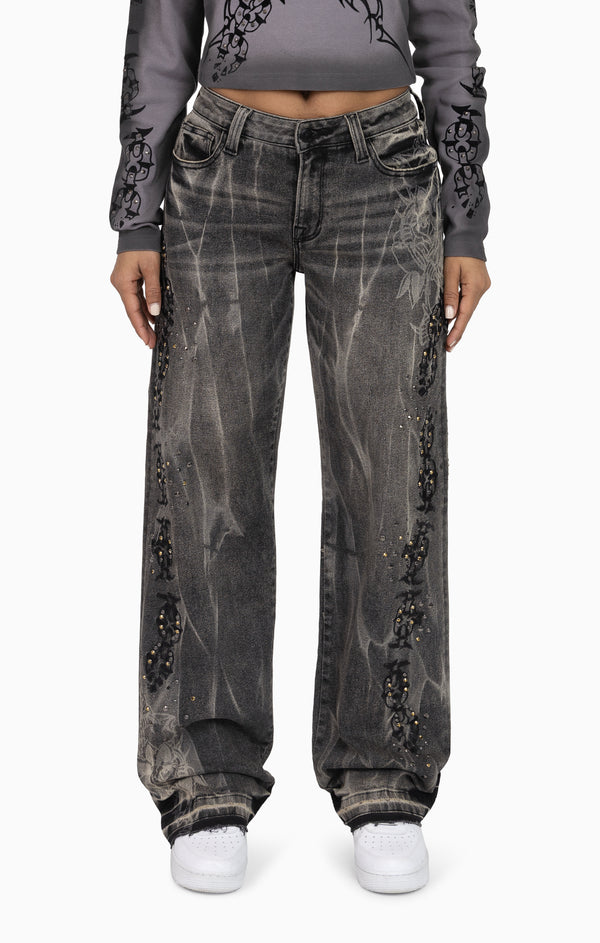 Heavy Embellished Denim Pants - Black Dust