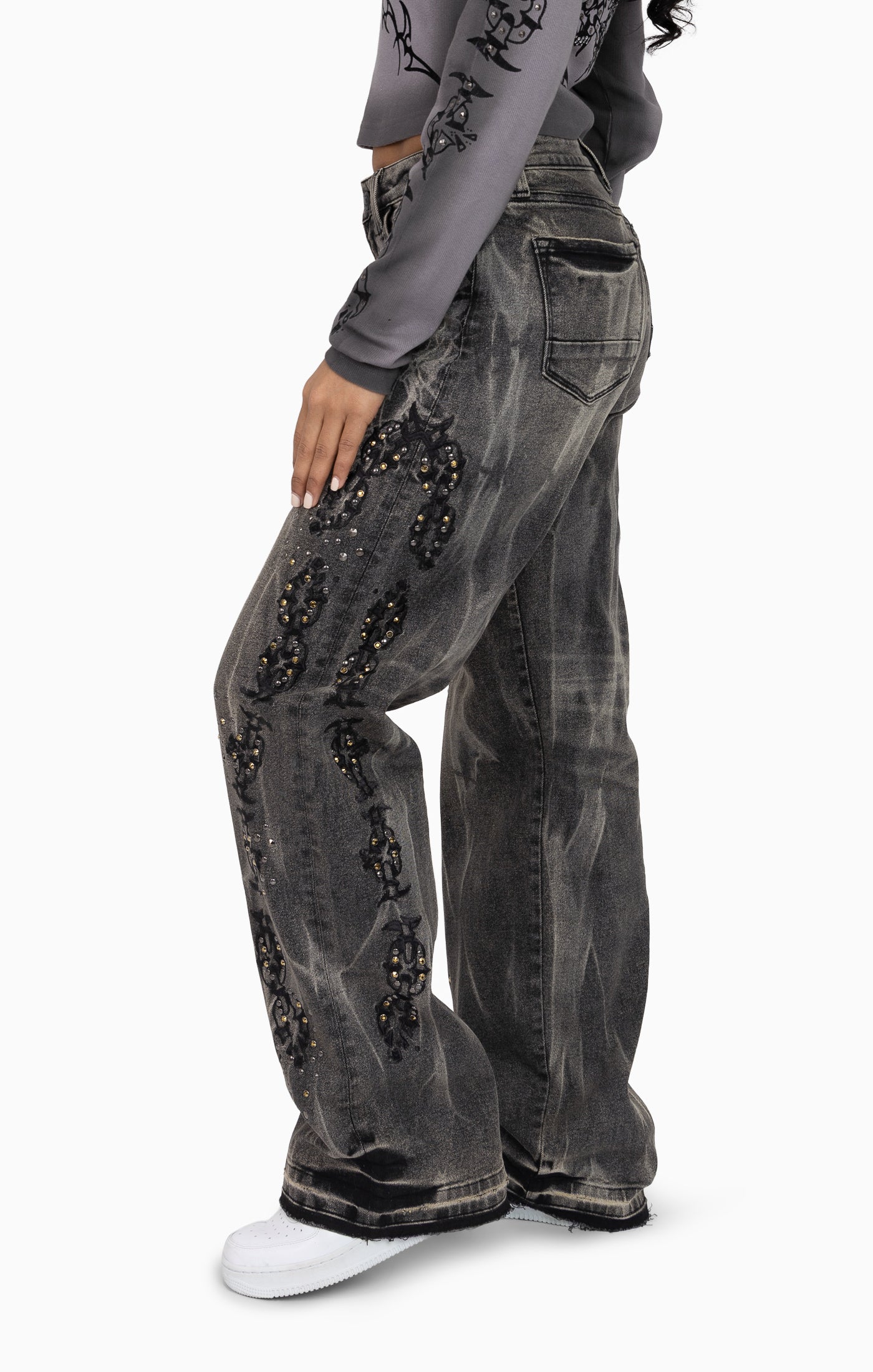 Heavy Embellished Denim Pants - Black Dust