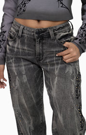Heavy Embellished Denim Pants - Black Dust