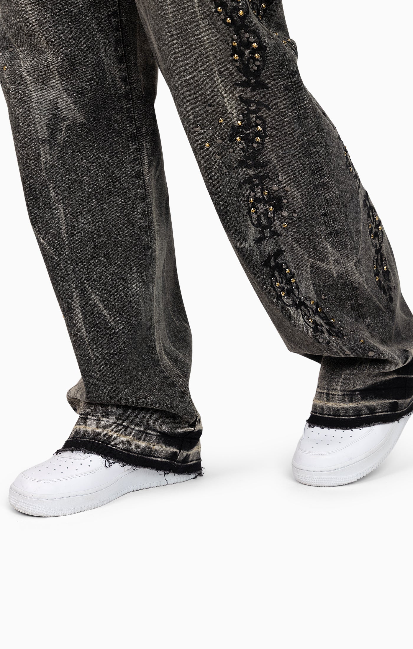 Heavy Embellished Denim Pants - Black Dust