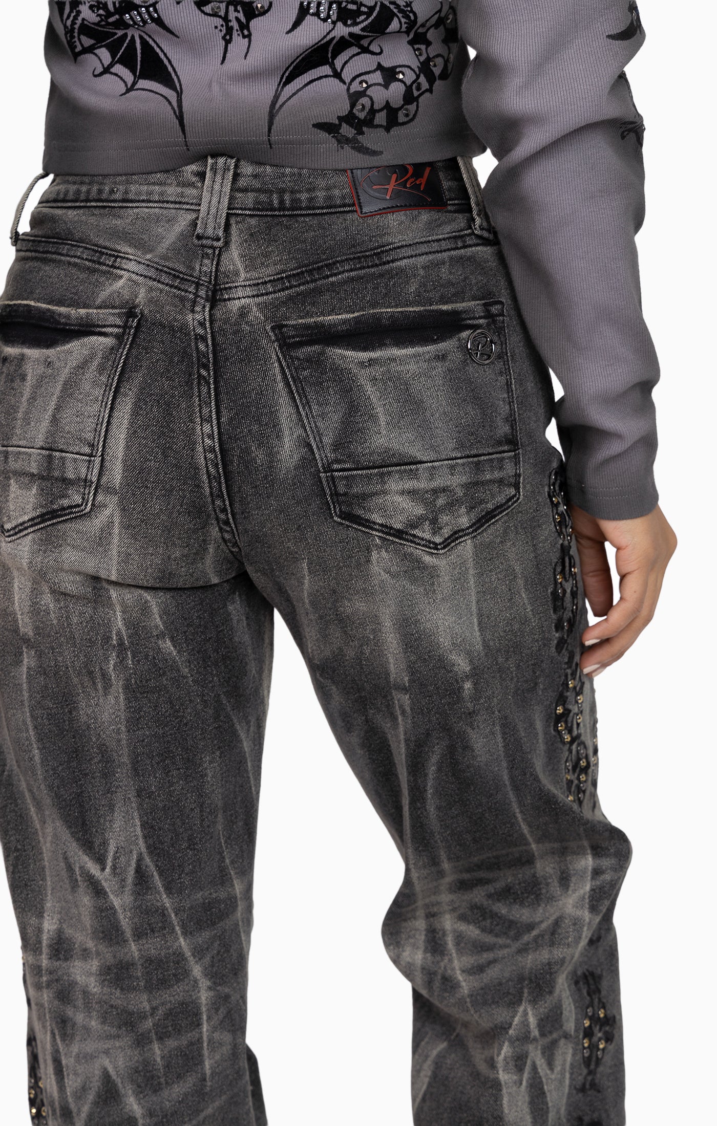 Heavy Embellished Denim Pants - Black Dust