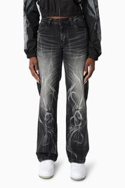 Laser Printed Denim Pants - Hematite Black