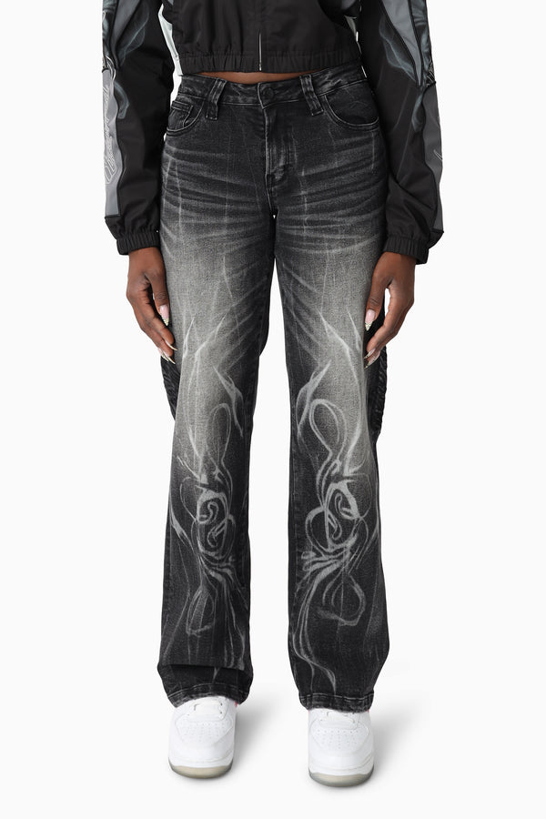 Laser Printed Denim Pants - Hematite Black