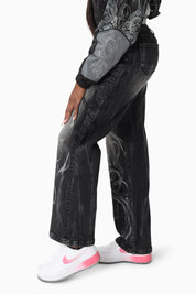 Laser Printed Denim Pants - Hematite Black