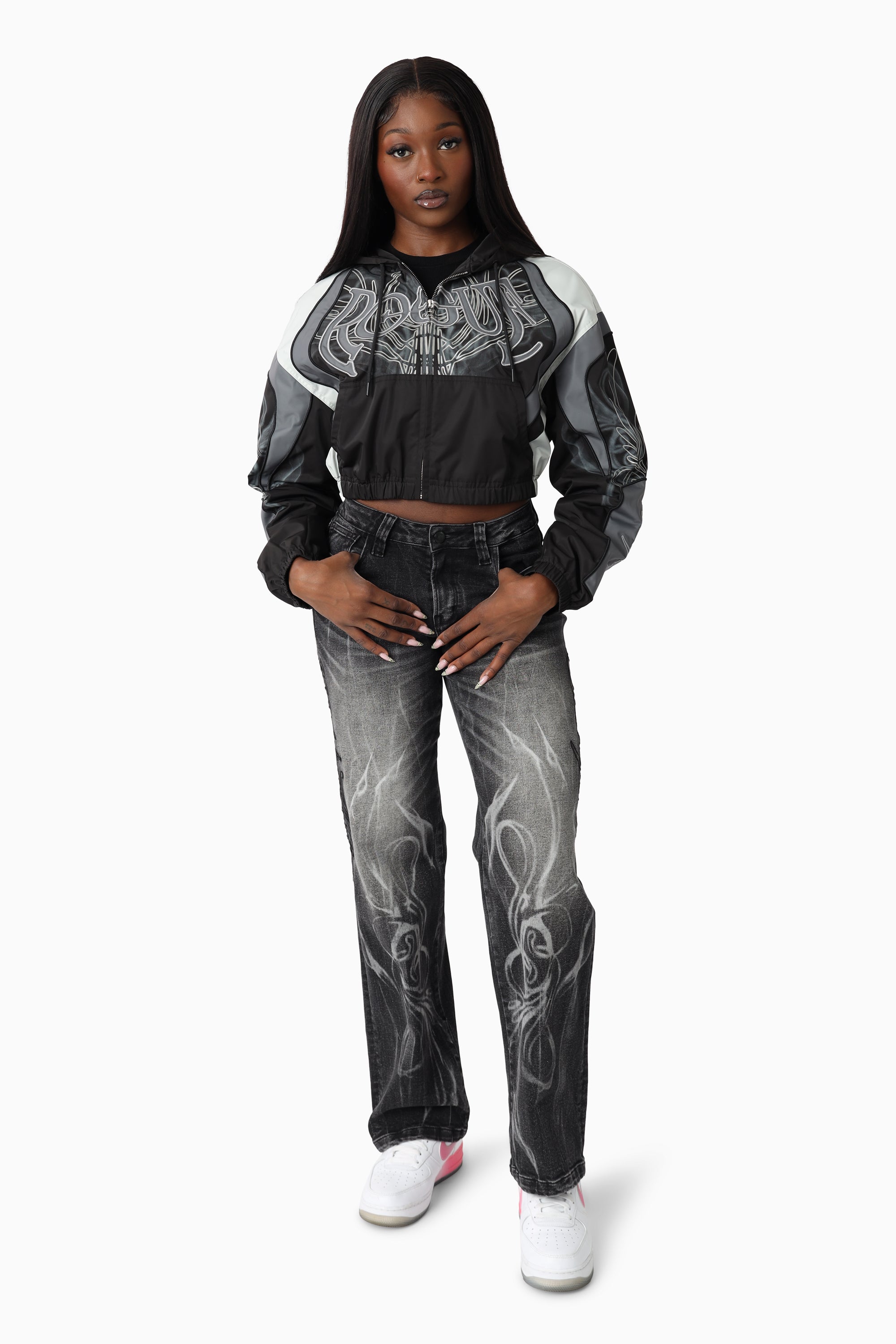 Laser Printed Denim Pants - Hematite Black