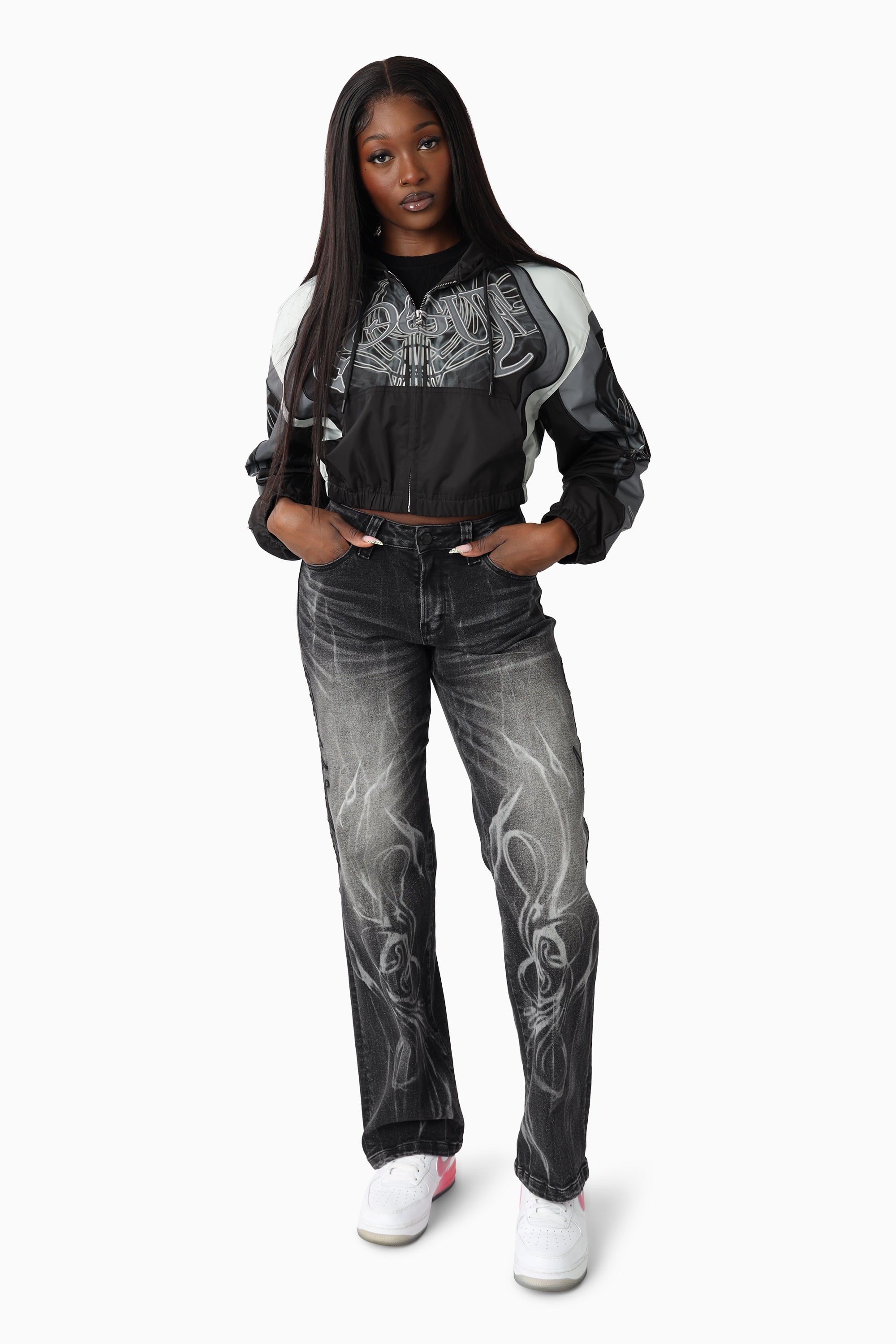 Laser Printed Denim Pants - Hematite Black