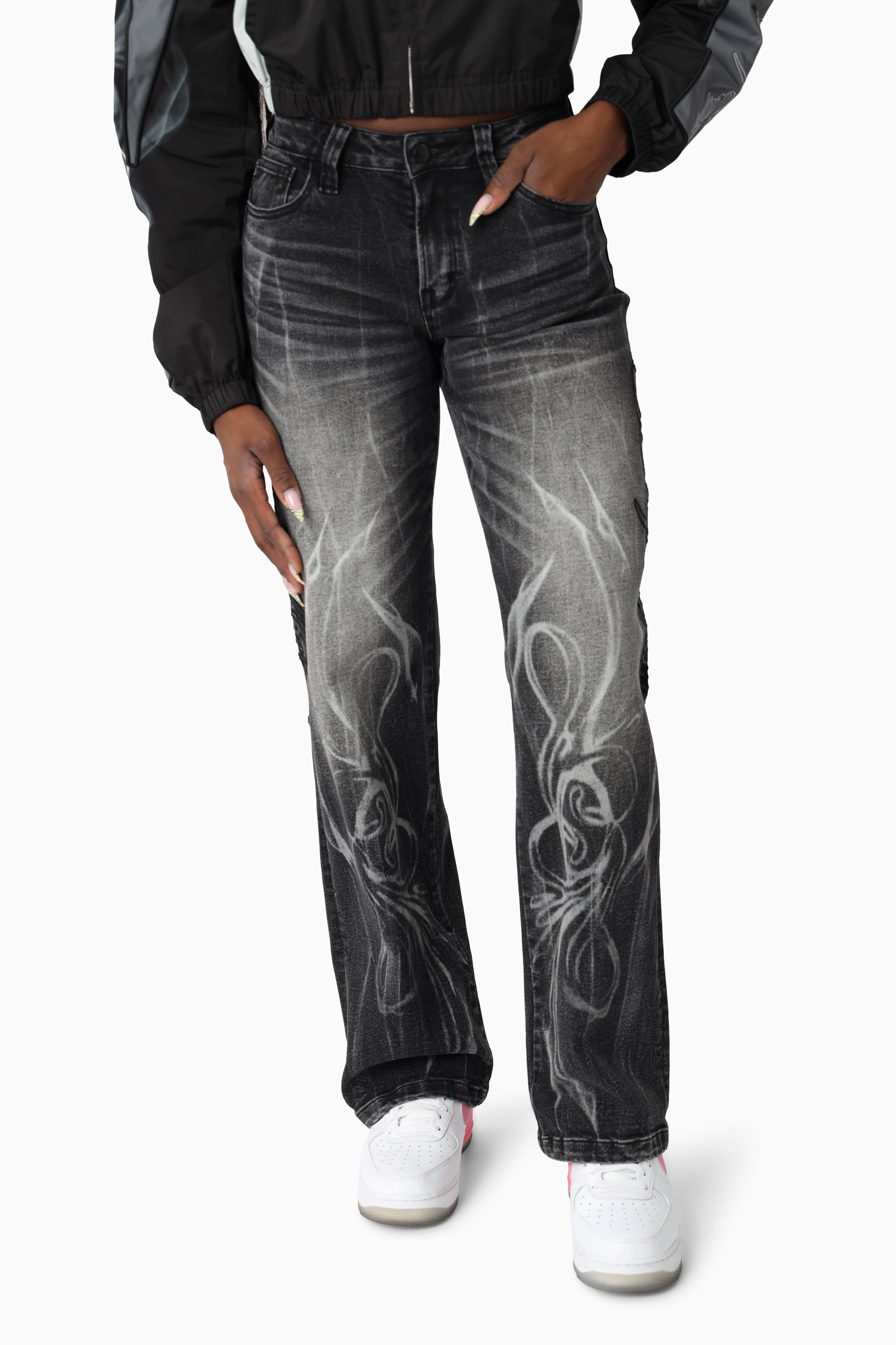 Laser Printed Denim Pants - Hematite Black