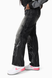 Laser Printed Denim Pants - Hematite Black