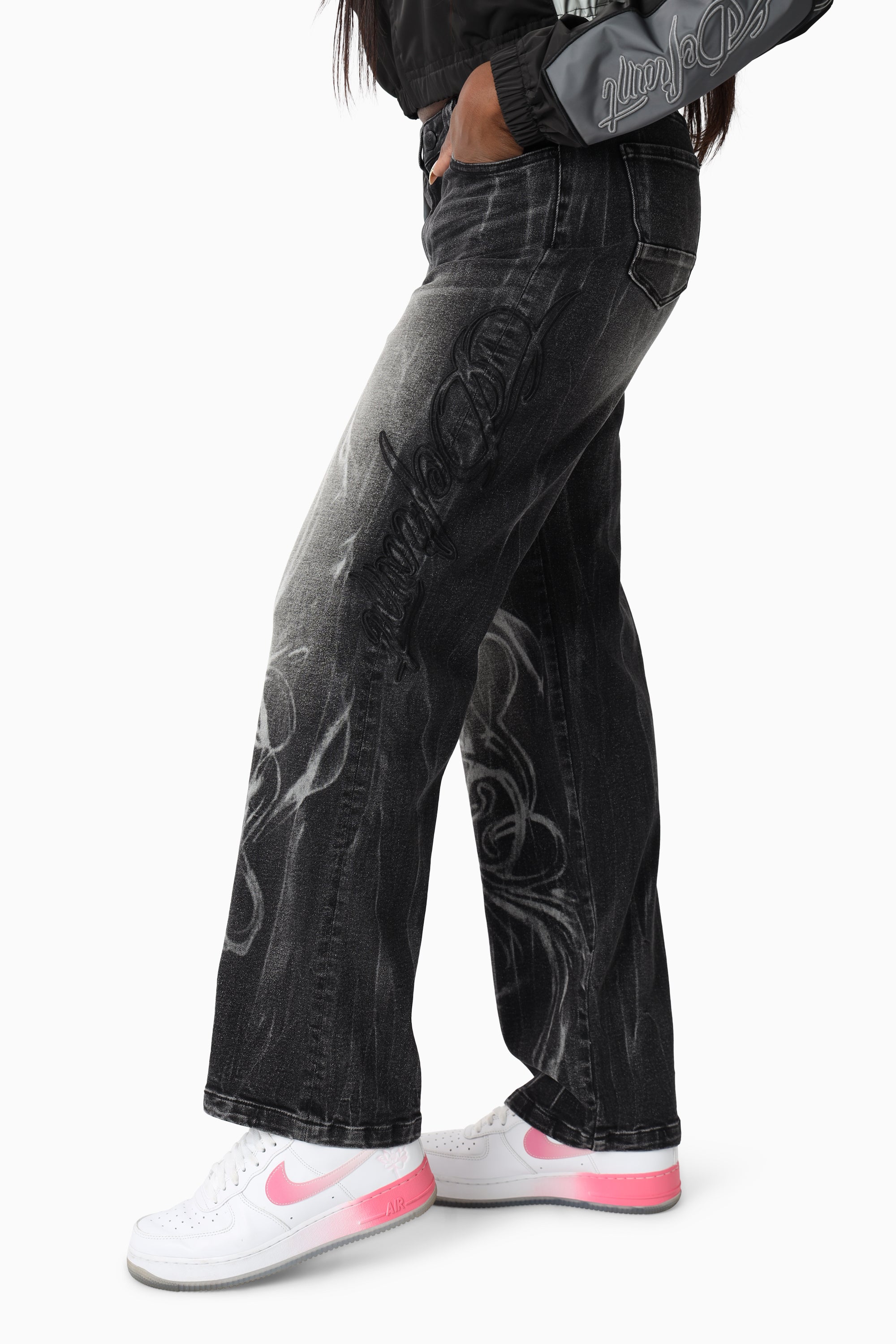 Laser Printed Denim Pants - Hematite Black