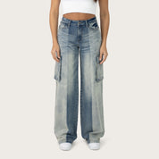 High Rise Wide Leg Half Washed Jeans - Ray Blue