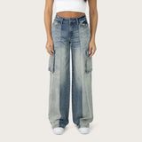 High Rise Wide Leg Half Washed Jeans - Ray Blue