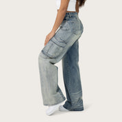 High Rise Wide Leg Half Washed Jeans - Ray Blue