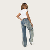 High Rise Wide Leg Half Washed Jeans - Ray Blue