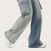 High Rise Wide Leg Half Washed Jeans - Ray Blue