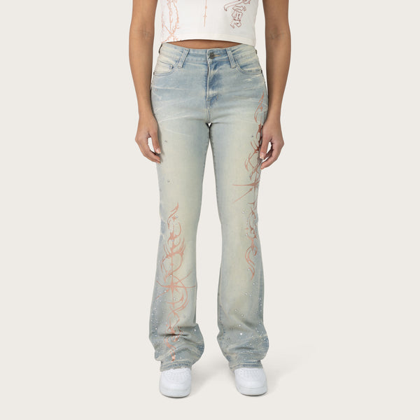 High Rise Bootcut Rhinestone Jeans - Dolphin Blue