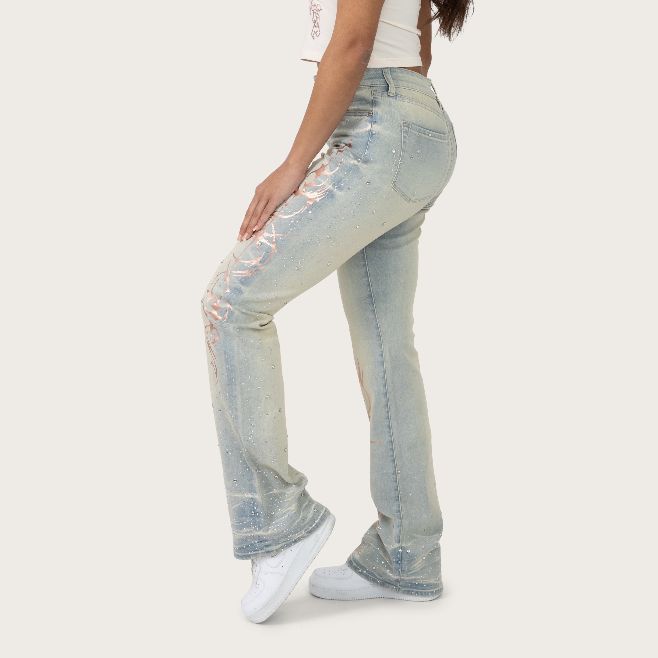 High Rise Bootcut Rhinestone Jeans - Dolphin Blue