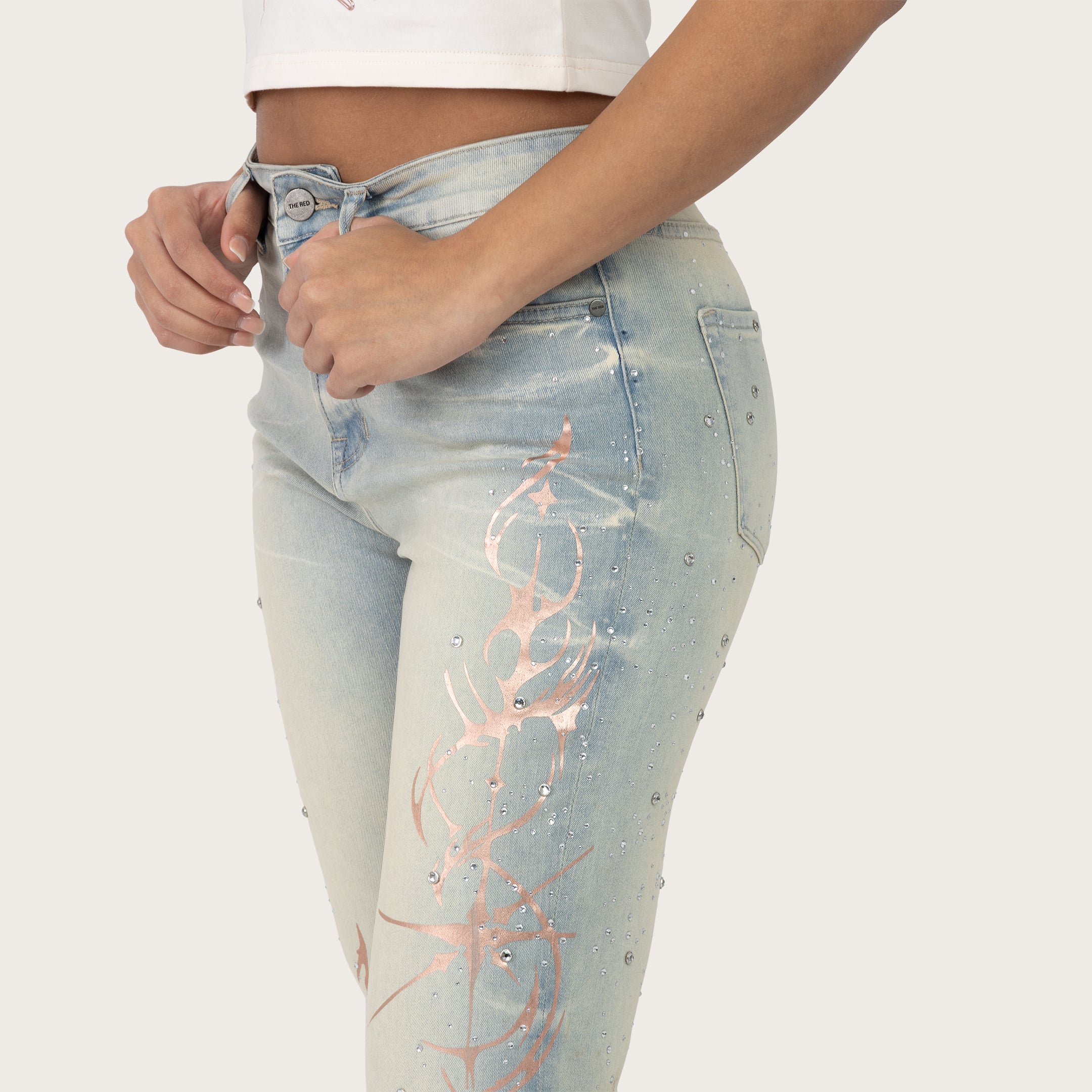 High Rise Bootcut Rhinestone Jeans - Dolphin Blue