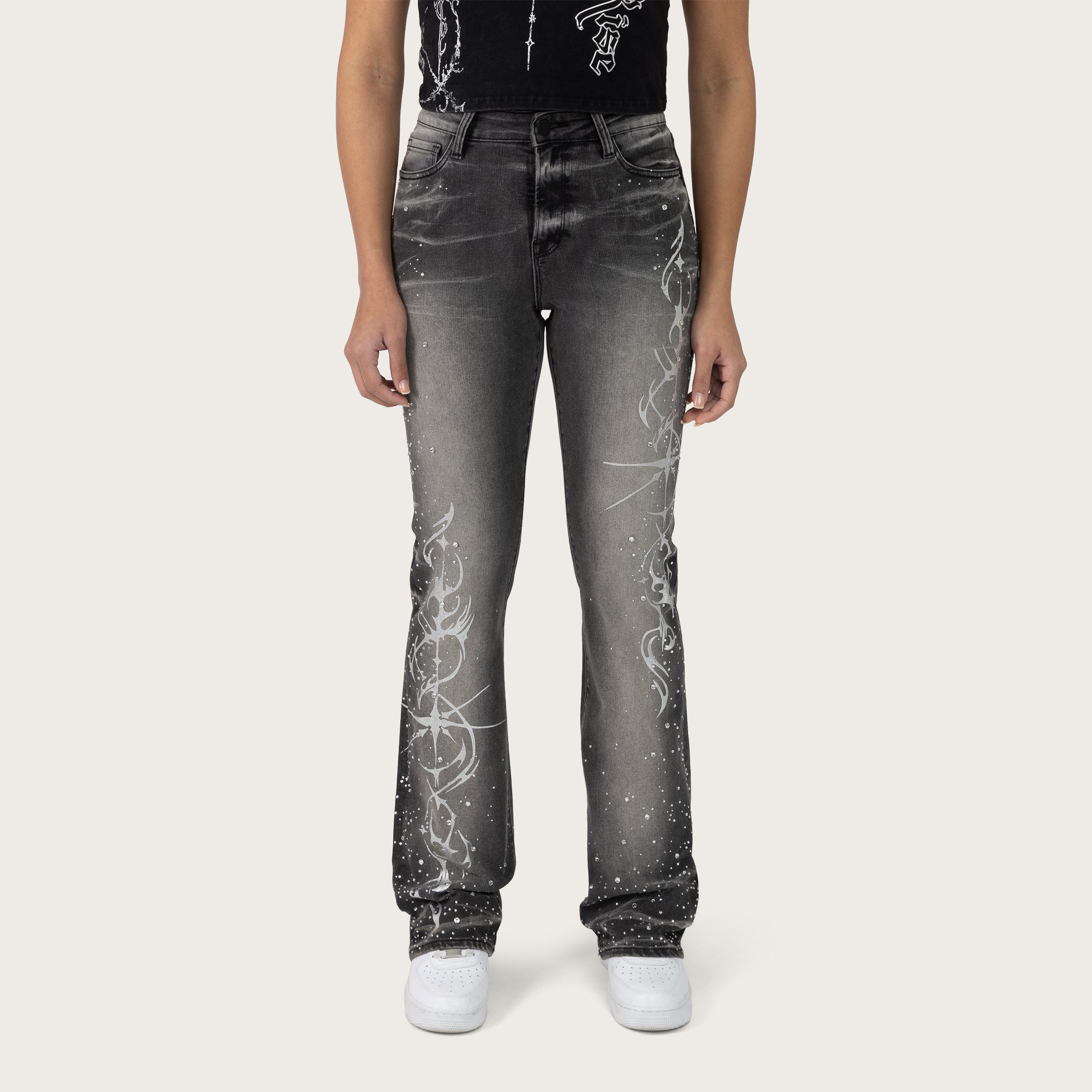 High Rise Bootcut Rhinestone Jeans - Orca Black