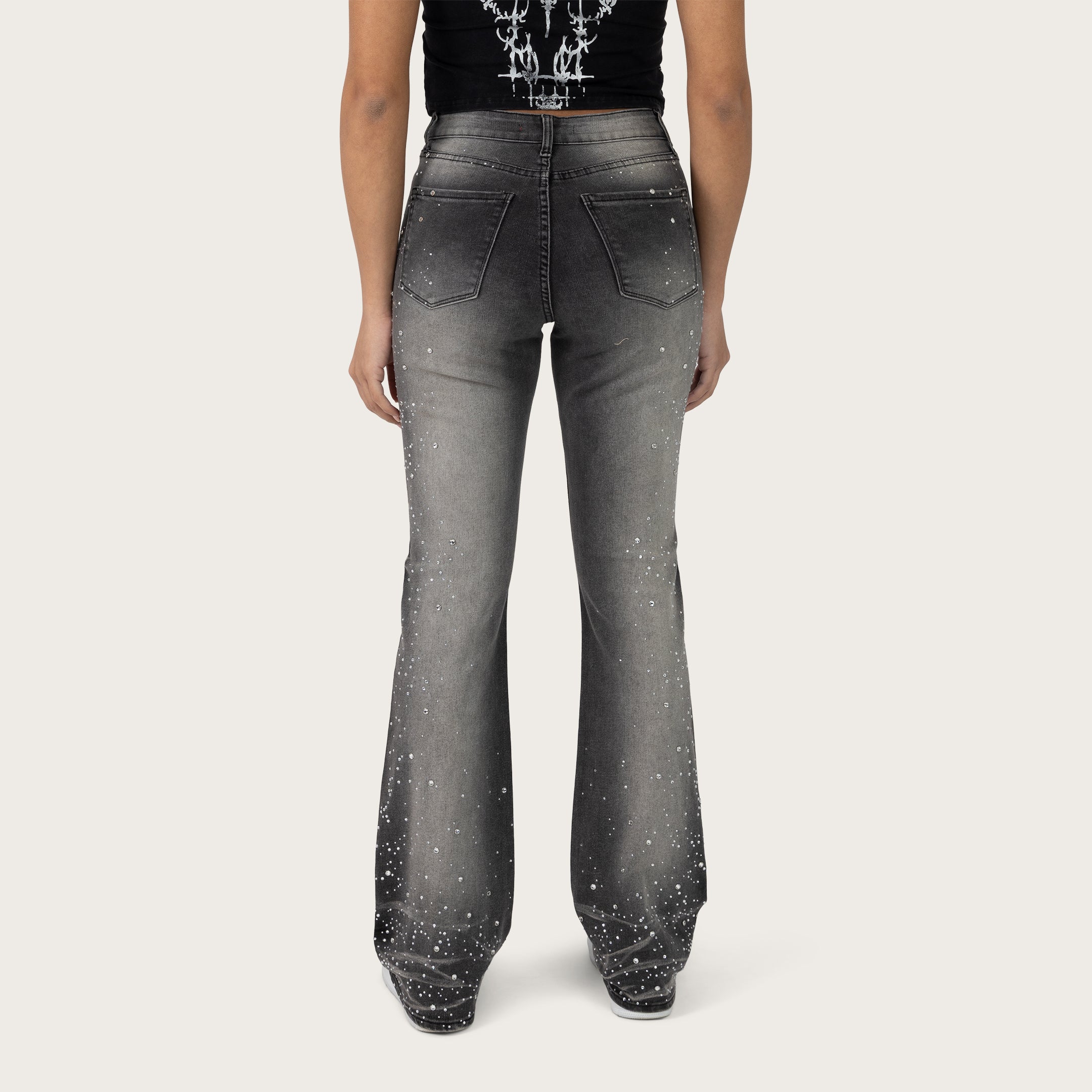 High Rise Bootcut Rhinestone Jeans - Orca Black