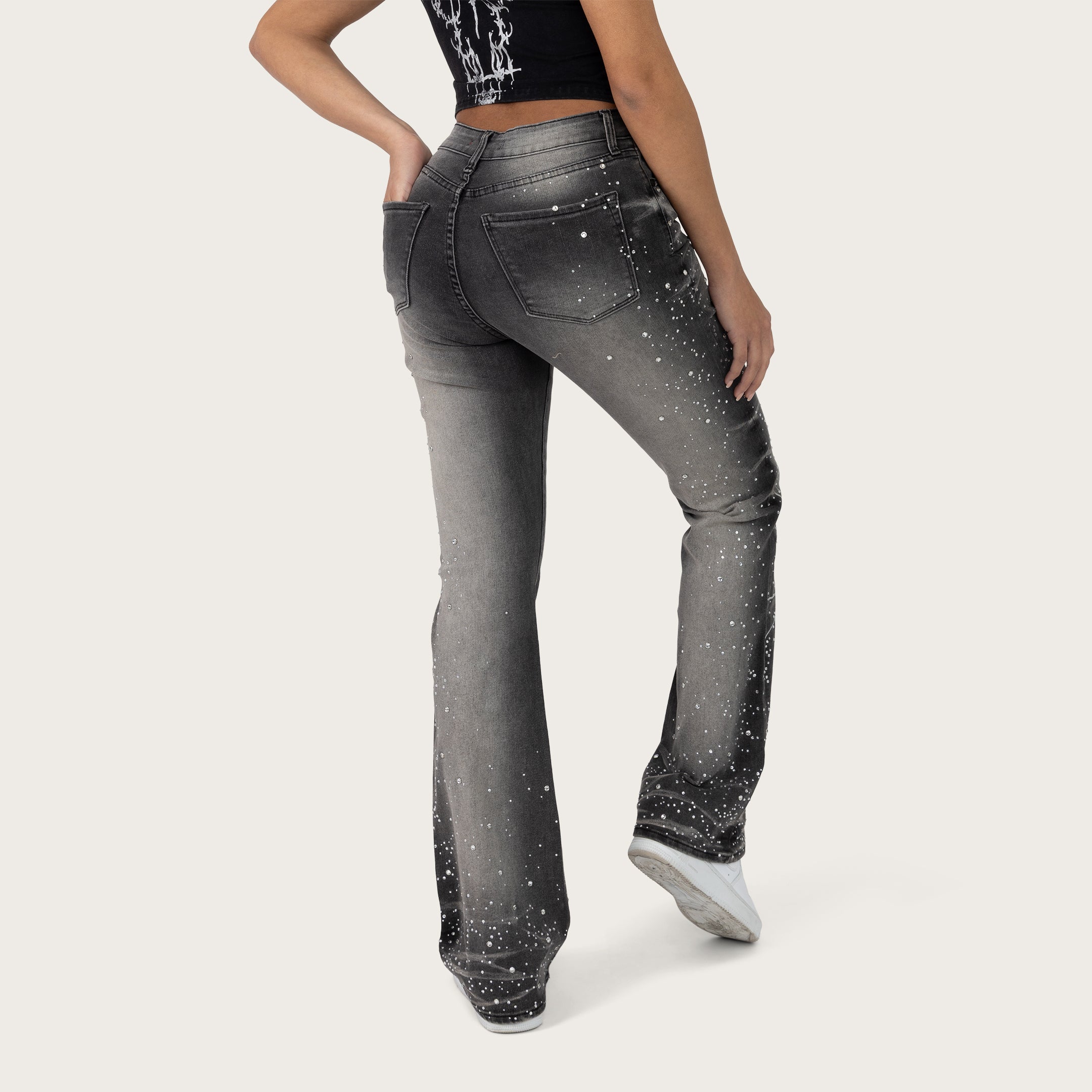 High Rise Bootcut Rhinestone Jeans - Orca Black