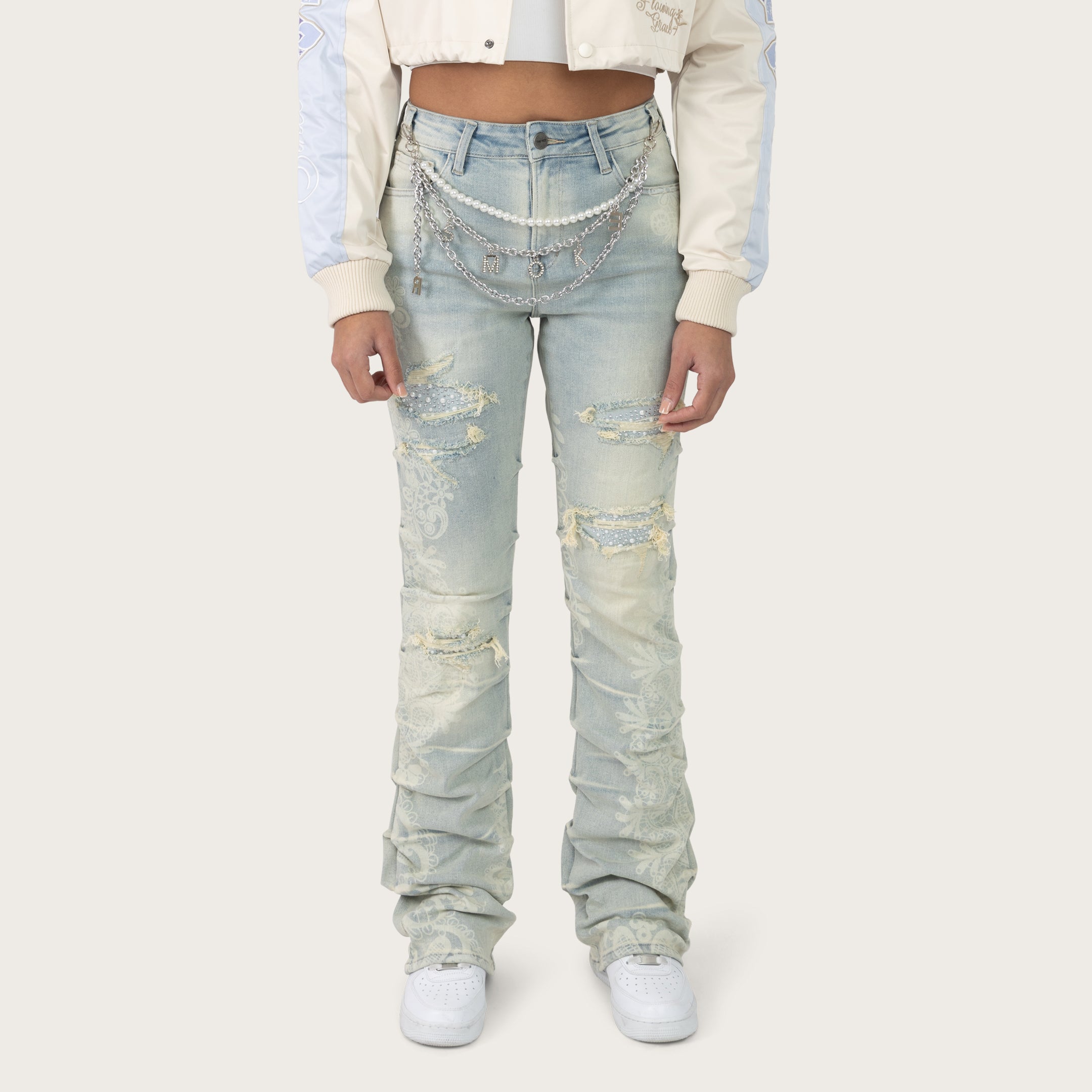 High Rise Bootcut Chain Jeans - Anise Blue