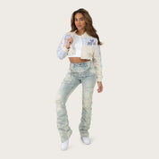 High Rise Bootcut Chain Jeans - Anise Blue